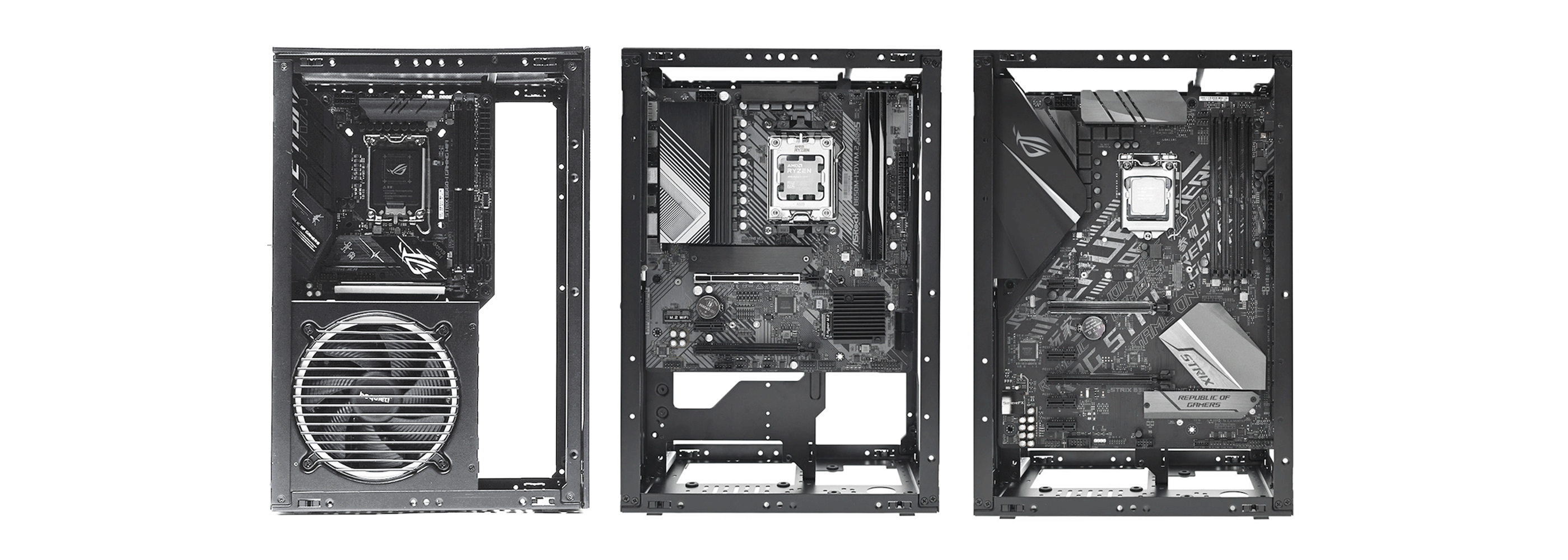 Size comparison between ATX, mATX, and ITX motherboards inside the SSUPD Meshroom S V2 chassis